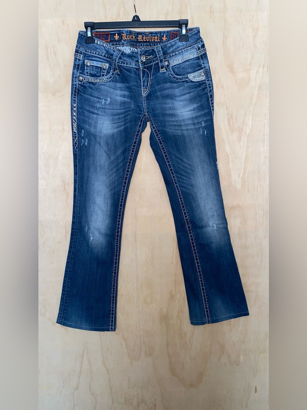 Rock Revival Women's Dark Blue Flare Jeans with Embroidered Waistband